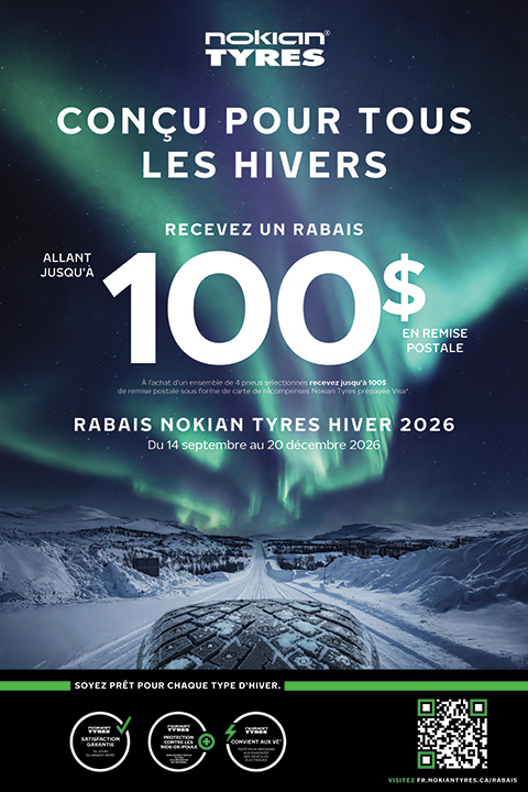 Nokian Tyres : Obtenez jusqu’à 100 $ de rabais postal à l’achat de quatre pneus sélectionnés, du 14 septembre au 20 décembre 2026.