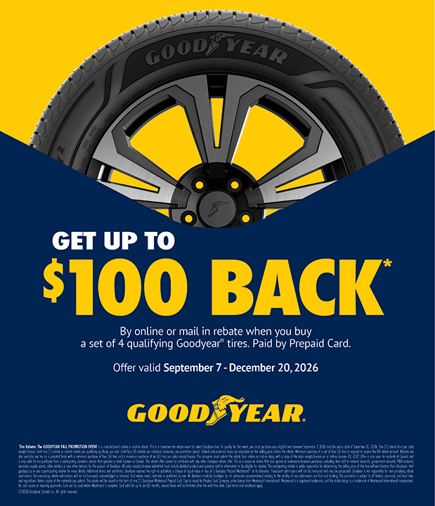 Goodyear: Get up to $100 back by prepaid card with the purchase of four qualifying tires, from September 7 to December 20, 2026.  Online or mail-in rebate submission required.
